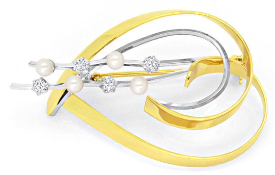Foto 1 - Brillanten-Diamanten-Perlen-Brosche Gelbgold-Weißgold, S4356